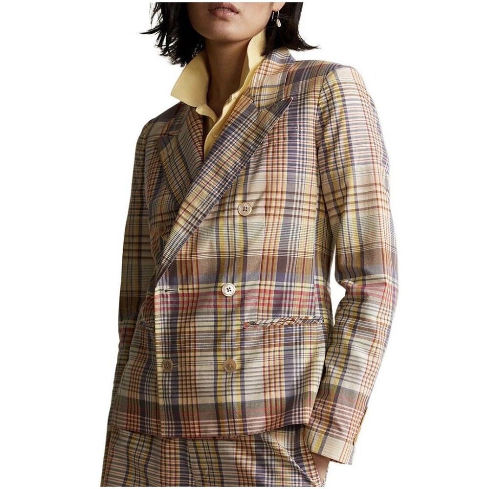 Polo Ralph Lauren MULTI Plaid Madras Double-Breasted Cotton Blazer US 12